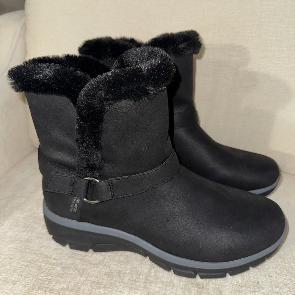 Skechers Slip-ins Boots Women 11 Black Easy Going Water-Repellent Suede Fur New